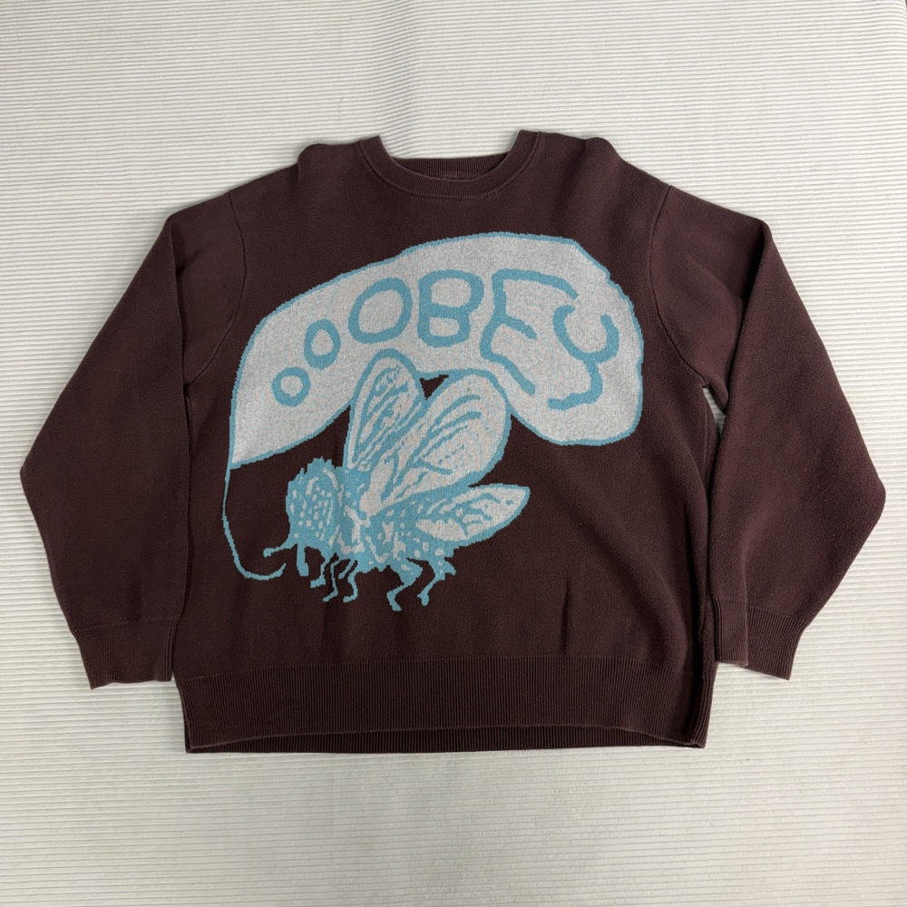 OBEY Sweater Mens XL Brown Cotton Knit Crewneck Fly Graphic Logo Pullover